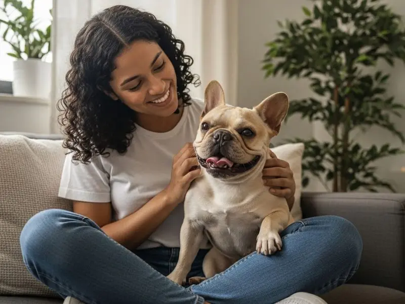 "Tutora brasileira sorrindo com bulldog francês no colo dentro de apartamento aconchegante com luz natural demonstrando vínculo afetivo com a raça"