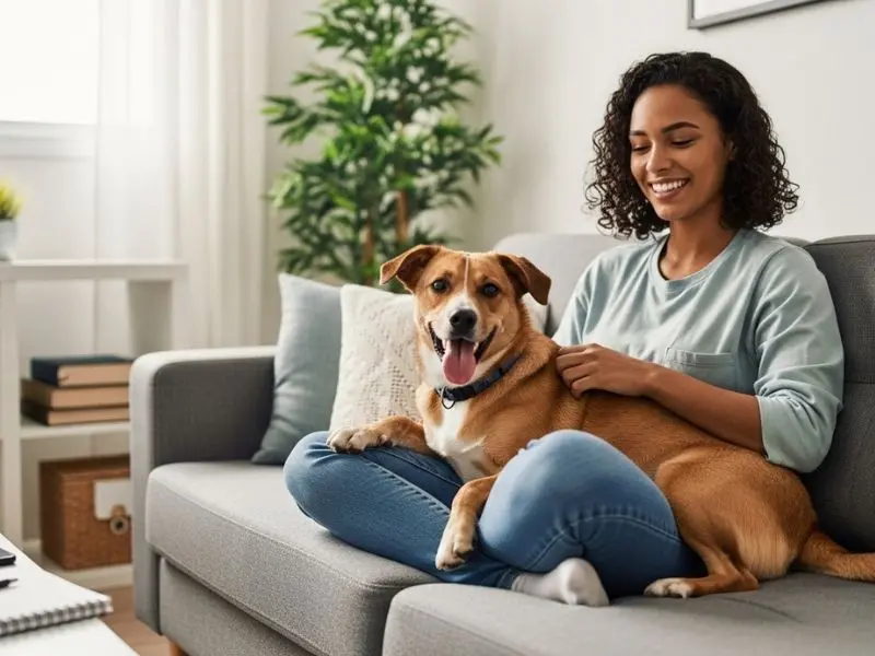 "Tutora brasileira sorrindo com cachorro vira-lata médio feliz no colo em apartamento organizado com caderno na mesa de centro e luz natural demonstrando adoção planejada responsável" 