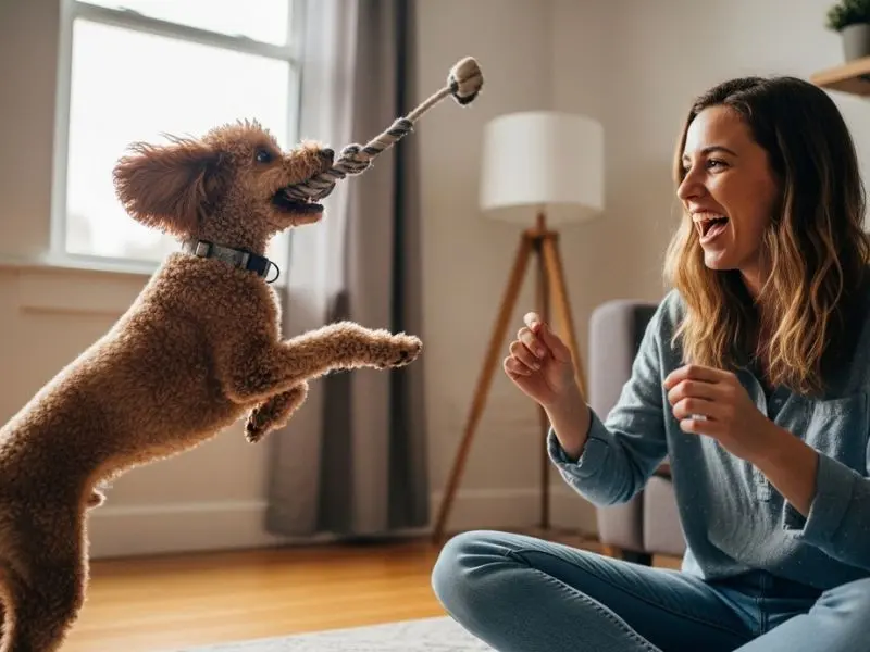 "Tutora jovem brincando com poodle raça miniatura saltando para pegar brinquedo em sala de estar com luz natural da tarde em momento autêntico de vínculo e energia" 