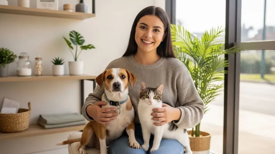 Tutora jovem e sorridente com um cachorro e um gato no colo, dentro de um consultório veterinário bem iluminado, ambiente aconchegante, luz natural, núcleos quentes Texto alternativo saúde preventiva pets — tutora em consulta veterinária com cão e gato Legenda Essa sou eu fingindo que levo meus pets ao veterinário regularmente. (Estou melhorando.)