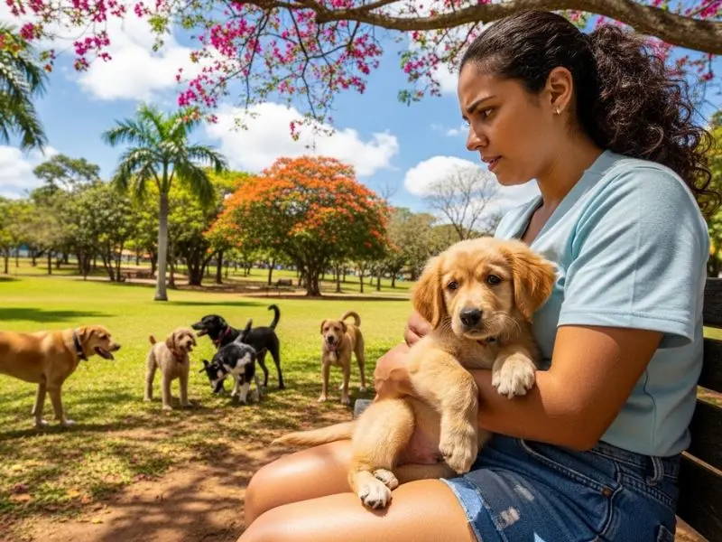 "Tutora preocupada mantendo filhote não vacinado seguro no colo longe do chão de parque brasileiro enquanto observa outros cães brincar demonstrando precaução necessária antes de completar vacinas contra parvovirose em caes"