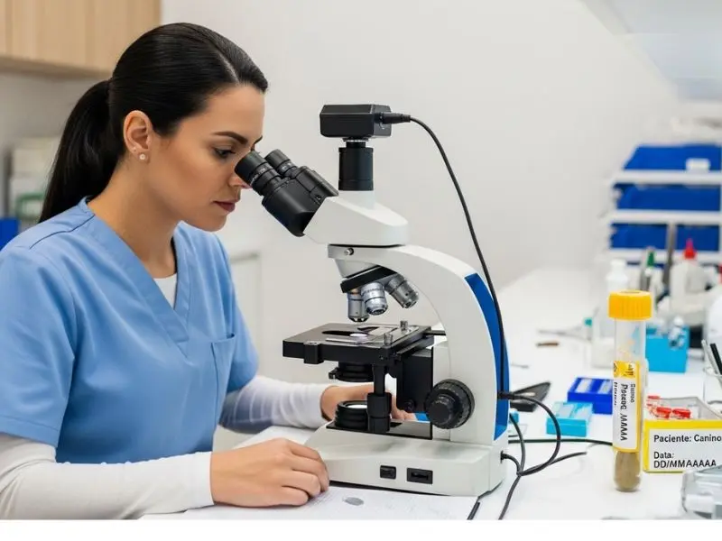 "Veterinária analisando amostra de fezes ao microscópio em laboratório de clínica veterinária brasileira para diagnóstico preciso de verminose em cães"