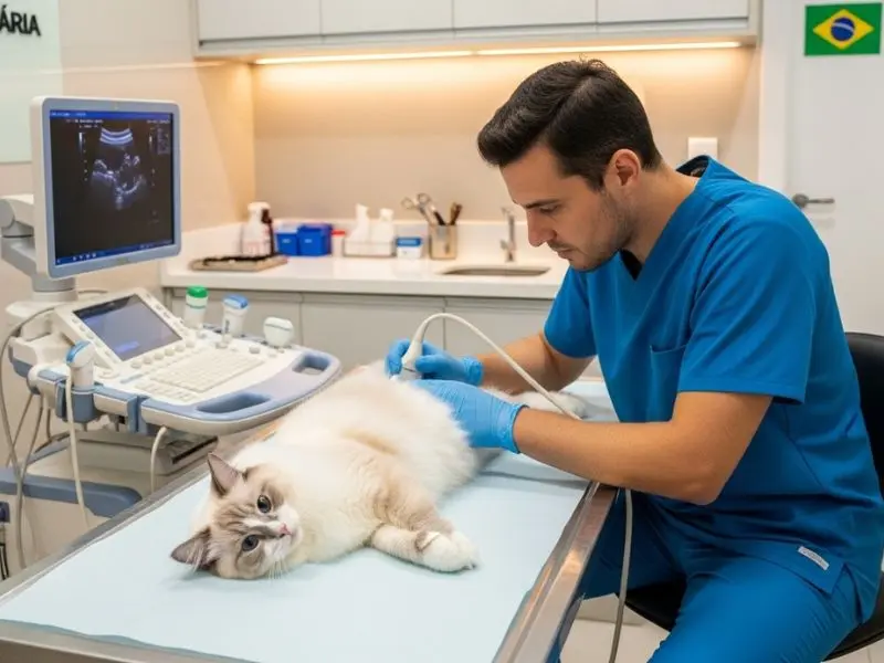 "Veterinária realizando ecocardiograma em gato ragdoll calmo sobre mesa de exame em clínica veterinária brasileira moderna demonstrando cuidado preventivo cardíaco da raça" 