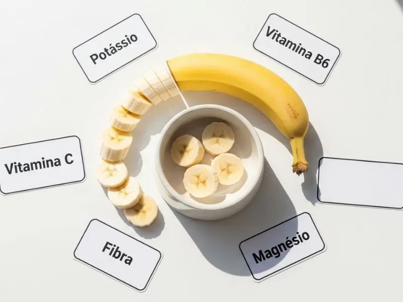 "banana madura fatiada em rodelas ao lado de tigela de pet com fatias e cartões de nutrientes potássio vitamina b6 fibra e magnésio mostrando benefícios nutricionais para quando cachorro pode comer banana com moderação"