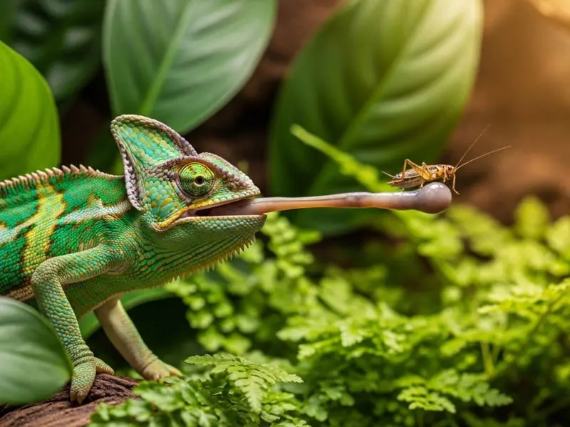 camaleão pet caçando grilo com língua protegida no terrário 
