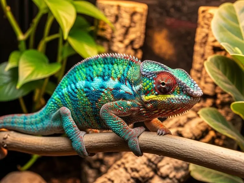 camaleão pet pantera macho com coloração azul e vibrante vermelha 