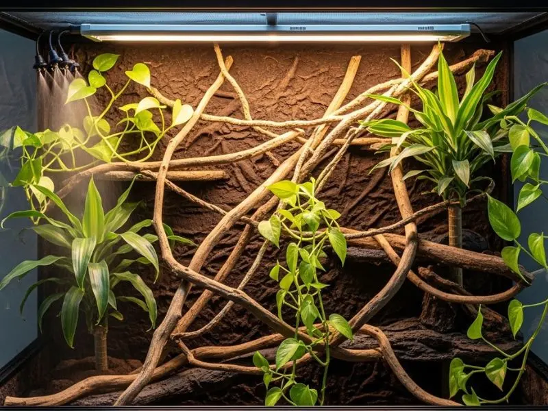 camaleão pet terrário de tela com plantas e iluminação UVB