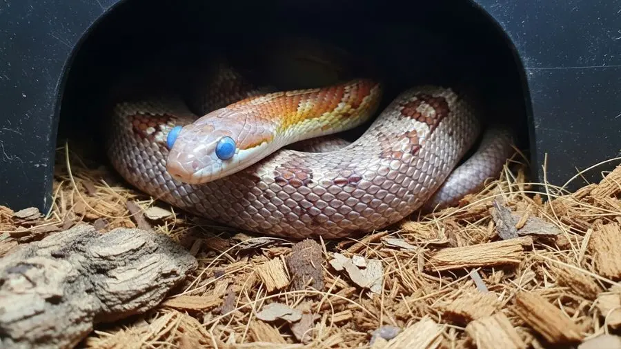 cobra do milho com olhos azulados em período de pré-muda de pele.