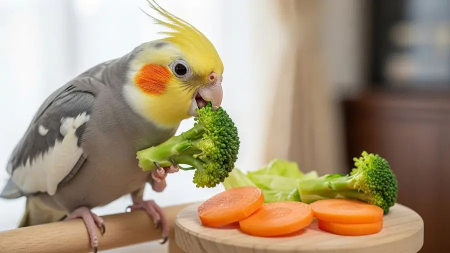 cockatiel eating fresh vegetables broccoli carrot
