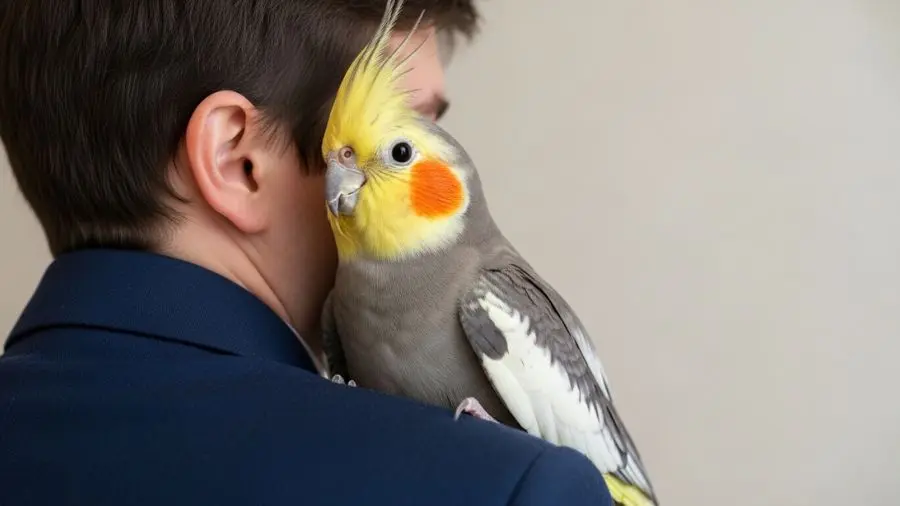 cockatiel sitting owner shoulder affectionate