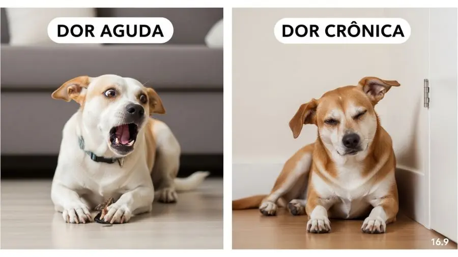 "comparação educativa entre sinais de dor em caes aguda à esquerda mostrando cão latindo com expressão alarmada após pisada errada versus dor crônica à direita com cão deitado quieto em canto com postura levemente curvada orelha retraída e olhos semicerrados" 