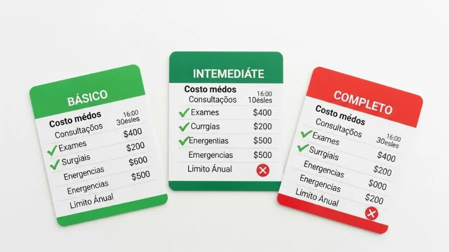 "comparativo em três cartões de plano de saude para pet básico intermediário e completo mostrando mensalidade coberturas consultas exames cirurgias franquia e teto anual com marcações verdes de cobertura e vermelhas de exclusão em fundo branco" 
