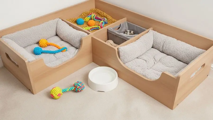 consulta: brinquedos para cama com caixa de espaço seguro para cachorrinhos organizados | alt: espaço organizado para filhote com cama, brinquedos e bebedouro | legenda: Espaço delimitado e seguro reduz ansiedade e acidentes nas primeiras semanas -->