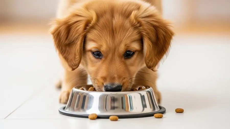 consulta: cachorrinho comendo porção de tigela de comida cachorro pequeno | alt: filhote comendo ração em comedouro de inox no chão | legenda: Alimentação fracionada e no mesmo horário cria rotina e facilita o controle de saúde -->