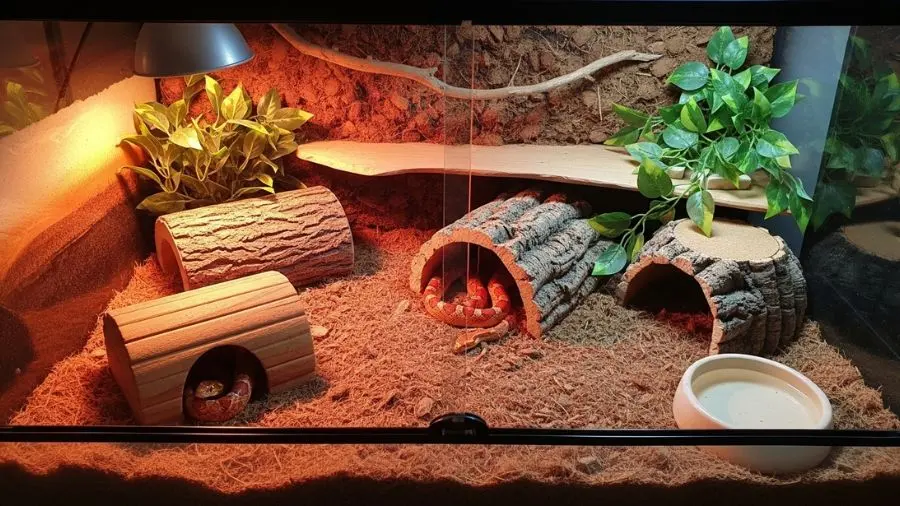 consulta: configuração de terrário de cobra de milho substrato de couro de madeira | alt: terrário para cobra do milho com substrato de coco e esconderijos de madeira | legenda: Terrário bem montado com esconderijos, substrato adequado e gradiente de temperatura -->