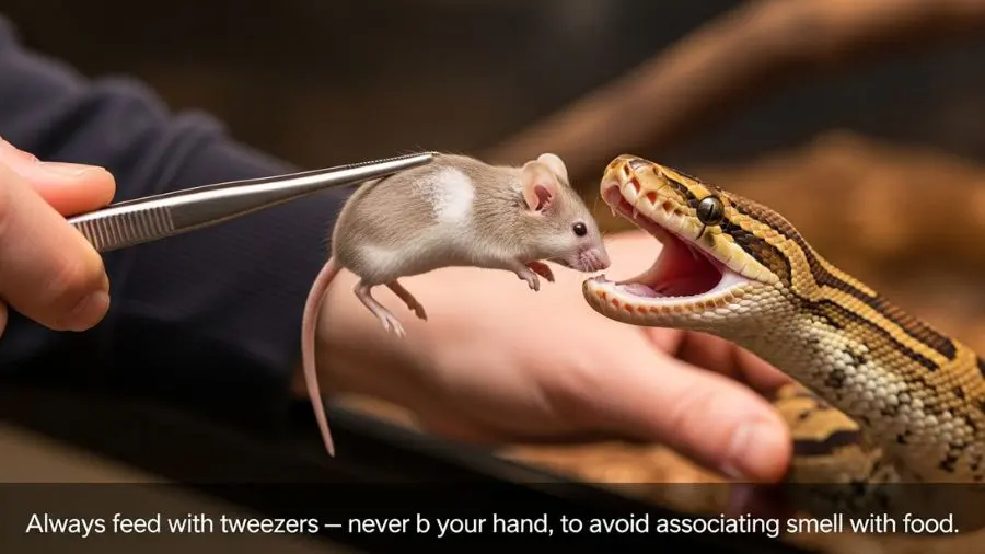 consulta: rato congelado descongelado alimentando cobra | alt: camundongo descongelado sendo oferecido para serpente com pinça | legenda: Alimentação sempre com pinça — nunca com a mão, para evitar associação de cheiro com comida -->