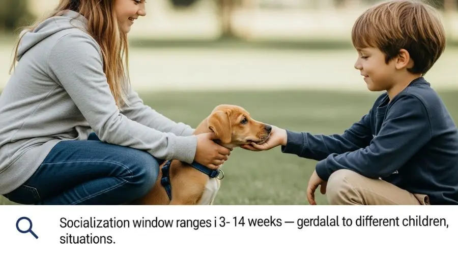 consulta: socialização de cachorro reunião criança gentil ao ar livre | alt: filhote sendo apresentado com calma a criança em ambiente externo | legenda: Janela de socialização vai dos 3 às 14 semanas — exposição gradual a pessoas, filhos e situações diferentes -->