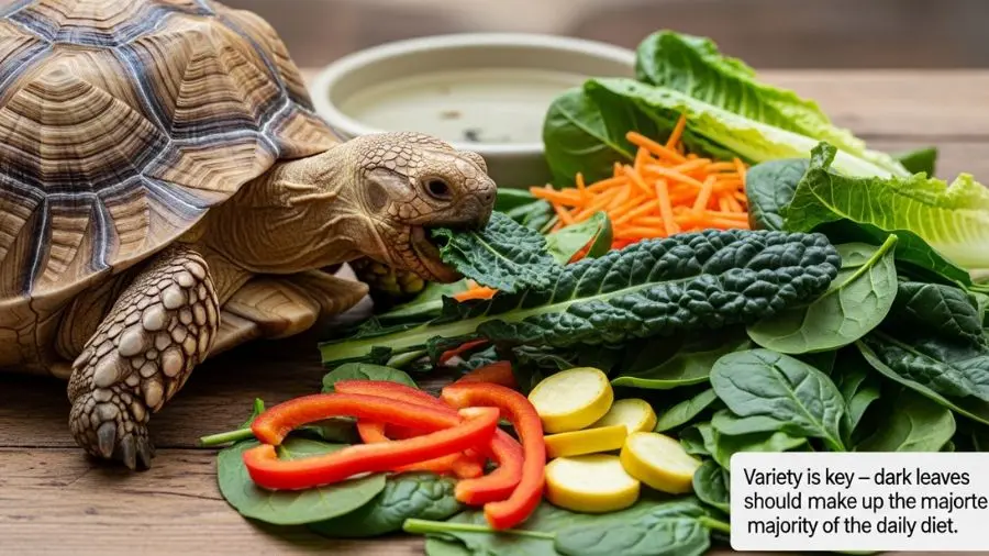  consulta: tartaruga alimentando vegetais frescos com folhas verdes escuras | alt: jabuti comendo vegetais frescos variados incluindo folhas escuras | legenda: Variedade é a chave — folhas escuras devem compor a maior parte da dieta diária -->