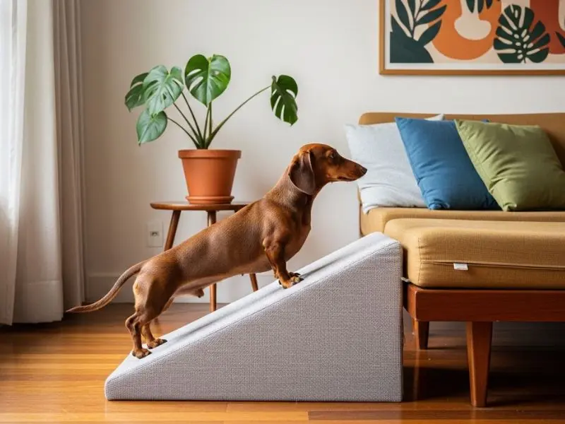 "dachshund salsicha usando rampa antiderrapante para subir no sofá de sala de apartamento brasileiro moderno demonstrando medida preventiva essencial contra hérnia de disco na raça" 