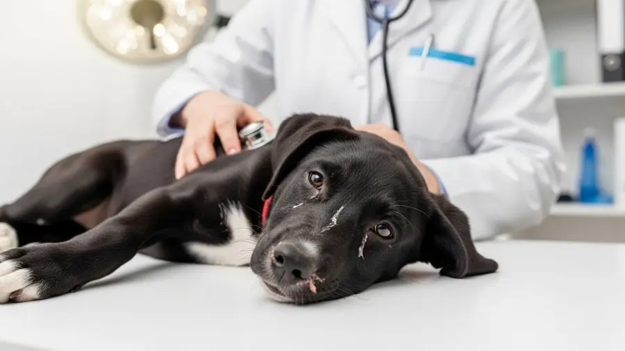 "O Thor, vira-lata do meu amigo Rafael, na primeira consulta de emergência em Aparecida de Goiânia. Oito meses de vida, vacina atrasada e o diagnóstico que todo tutor teme — mas que, encontrado cedo, tem prognóstico muito diferente." -->