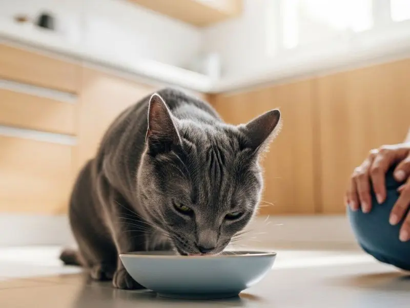 "gato cinza saudável comendo com entusiasmo de tigela de cerâmica rasa em cozinha brasileira iluminada com mão de tutora visível ao lado com alívio demonstrando retorno ao apetite normal" 