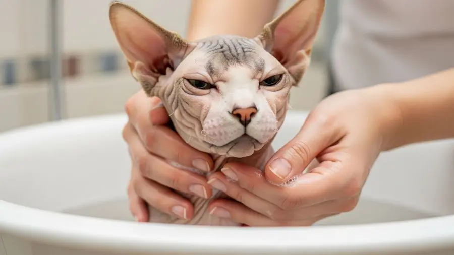 gato sphynx tomando banho em bacia com água morna.