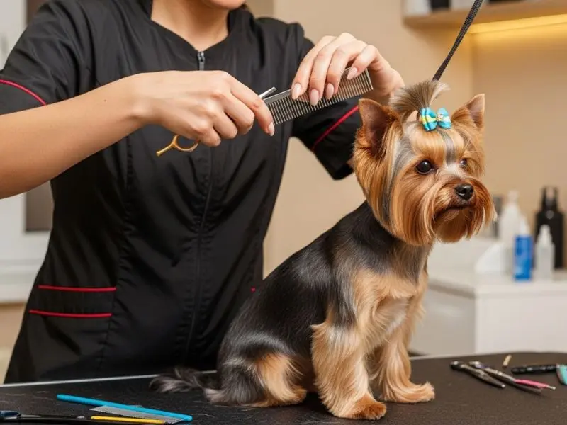 "veterinário examinando dentes de yorkshire terrier com acúmulo de tártaro nos molares inferiores demonstrando predisposição da raça à doença periodontal em imagem educativa com comparação entre dentes saudáveis e com doença inicial"