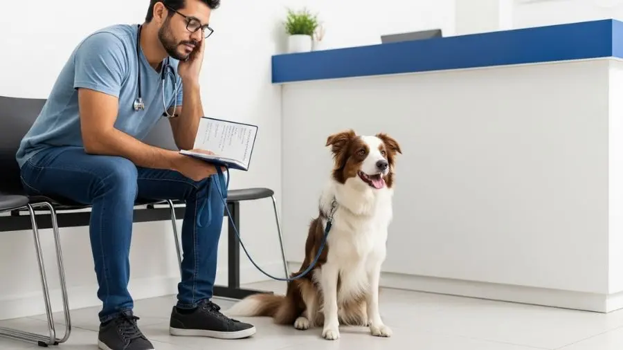 "homem brasileiro aliviado em sala de espera de clínica veterinária com border collie sentado tranquilo ao lado na coleira enquanto tutor segura caderno com anotações de sinais de dor em caes observados em casa demonstrando tutor informado e preparado para a consulta" 