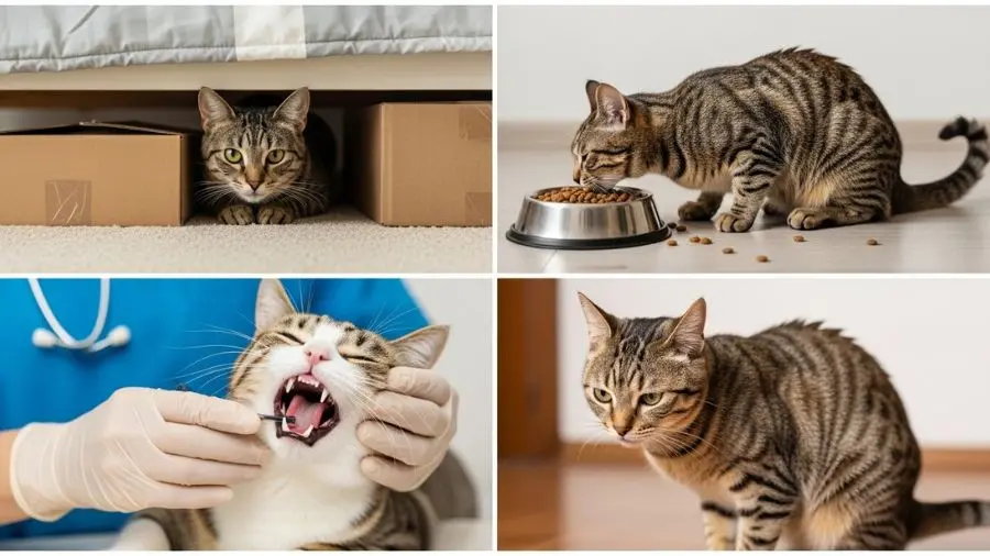 "imagem dividida em quatro mostrando causas de gato nao come: gato nervoso escondido em mudança, gato recusando nova ração, gato com dor dental sendo examinado e gato com postura curvada de desconforto abdominal"