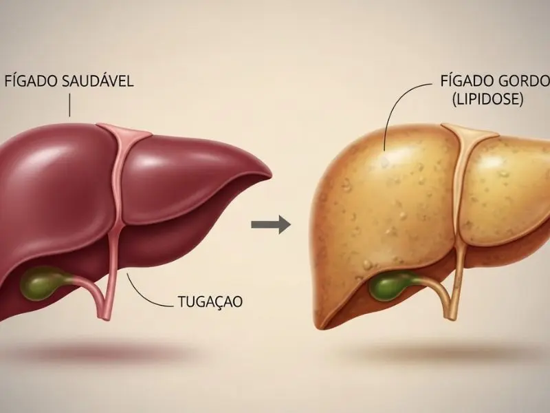 "imagem educativa comparando fígado saudável de gato com fígado gorduroso em lipidose hepática com etiquetas anatômicas em português demonstrando risco do jejum prolongado para gato nao come"