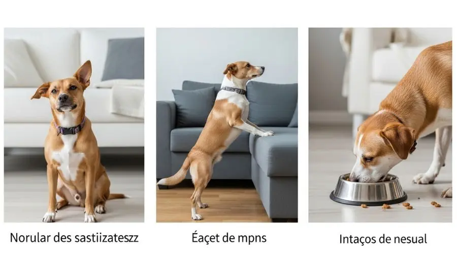 imagem educativa em três painéis mostrando sinais de dor em caes comportamentais da esquerda para direita cachorro que parou de cumprimentar com entusiasmo cão que parou de subir em móveis e cão comendo menos que o habitual deixando comida na tigela em ambientes domésticos brasileiros 