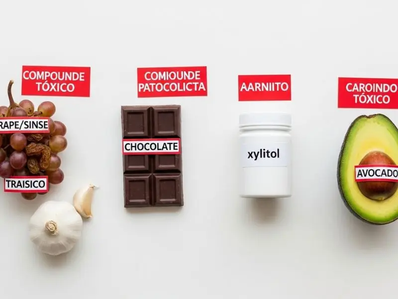 "imagem educativa mostrando alimentos toxicos para caes de grau alto com uva chocolate escuro xilitol cebola alho e abacate em superfície branca com etiquetas vermelhas de alerta em português identificando o composto tóxico de cada alimento" 