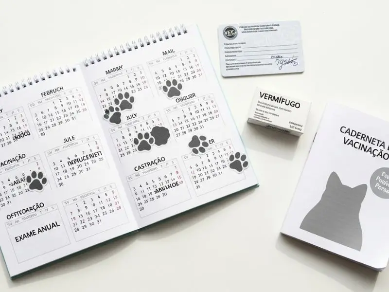 "imagem educativa mostrando calendário com datas marcadas de vacinação castração e consultas anuais ao lado de caderneta de vacinação felina e embalagem de vermifugo ilustrando planejamento de saude preventiva de quanto custa ter um gato" 