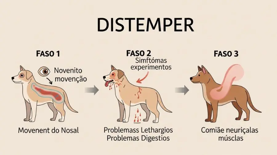 "infográfico educativo mostrando as três fases da cinomose em caes com progressão de sintomas: fase catarral com secreção ocular e nasal e febre, fase respiratória e digestiva com letargia e vômito, e fase neurológica com torcicolo e tremores musculares"
