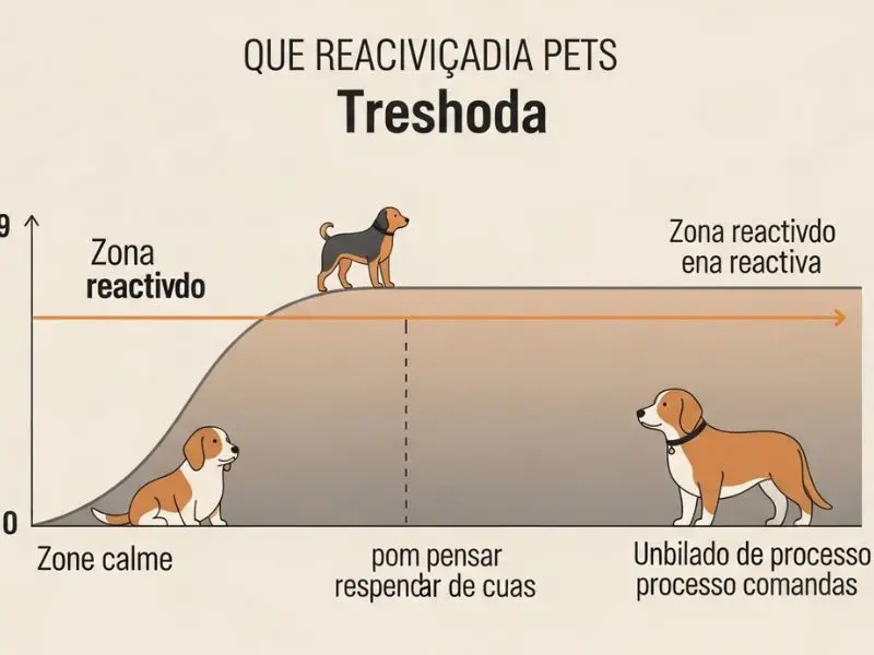 "infográfico educativo mostrando o conceito de limiar de reatividade em cao reativo na coleira com zona de calma abaixo do limiar onde o cão consegue processar comandos e zona reativa acima do limiar onde o cão não consegue responder com rótulos em português"