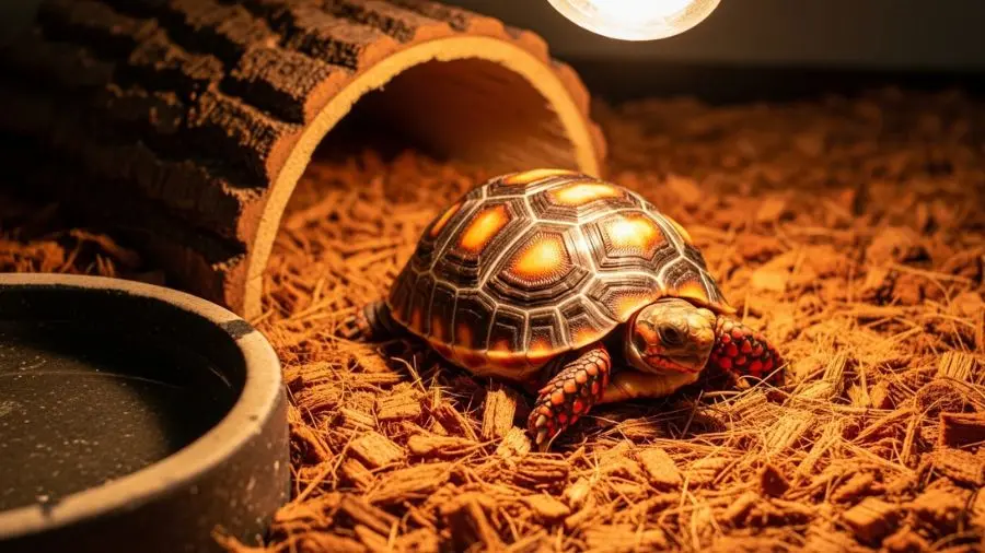 jabuti piranga jovem em recinto interno com iluminação UVB e setup completo.