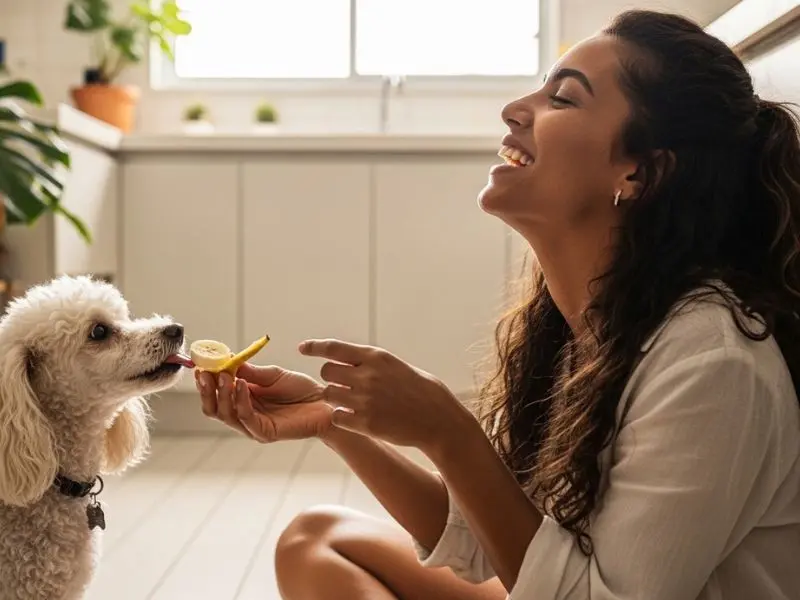 "jovem brasileira no chão de cozinha rindo enquanto poodle miniatura branca recebe delicadamente uma fatia fina de banana da mão da tutora demonstrando quantidade correta de como cachorro pode comer banana sem causar diarreia"