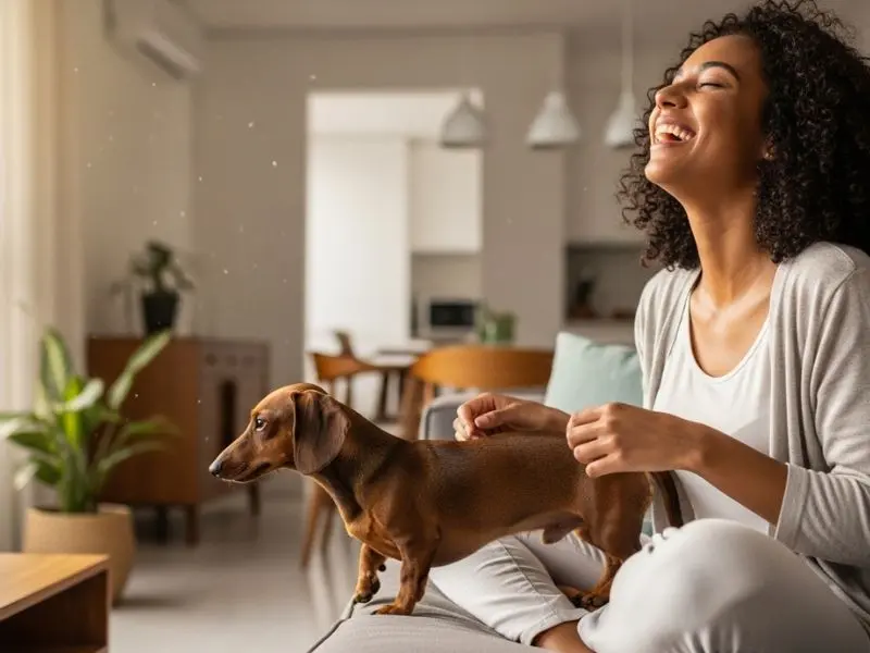 "jovem brasileira sentada no sofá rindo enquanto dachshund salsicha de pelo curto caminha determinado sobre seu colo com expressão de dono do lugar em apartamento moderno com luz natural"