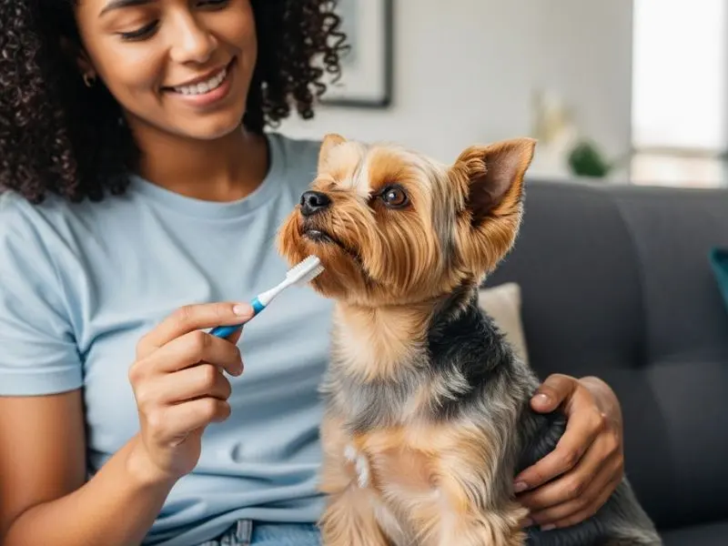 "jovem brasileira sorrindo sentada no sofá escovando os dentes de yorkshire terrier com pelagem longa bicolor dourado e azul-aço sentado em seu colo olhando atentamente com escova dental de pet na mão em apartamento moderno com luz natural"