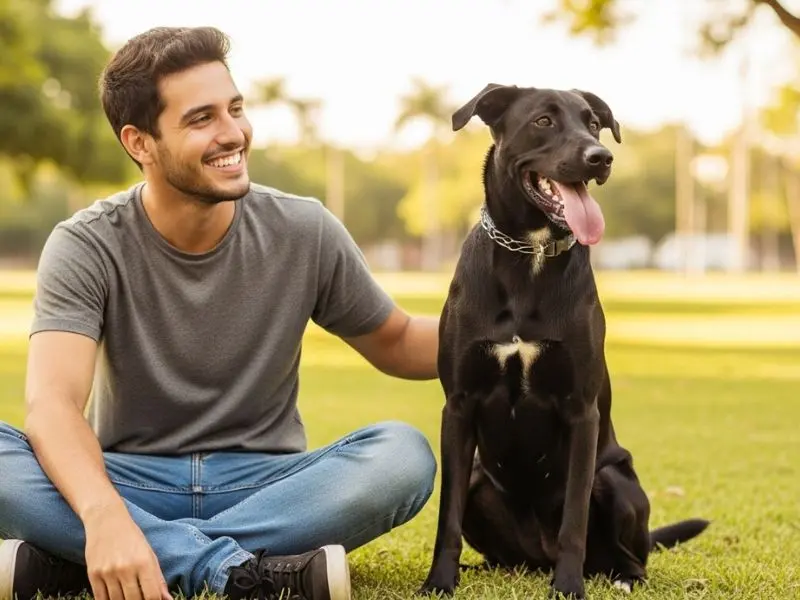 "jovem brasileiro sentado na grama de parque ensolarado em Goiás sorrindo aliviado ao lado de cão vira-lata preto saudável depois de tratamento de cinomose em caes com coleira e expressão feliz e língua de fora"