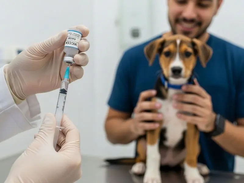 "mãos enluvadas de veterinário preparando seringa de vacina com filhote vira-lata sentado tranquilo na mesa de exame seguro por jovem tutor brasileiro em clínica veterinária limpa e iluminada mostrando prevenção da cinomose em caes" 