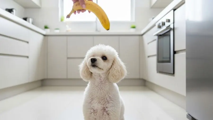 "A Pipoca, poodle da minha prima Isabela, na cena que gerou a pergunta mais clássica da tutoria: cachorro pode comer banana? Pode — mas a quantidade importa mais do que parece." -->