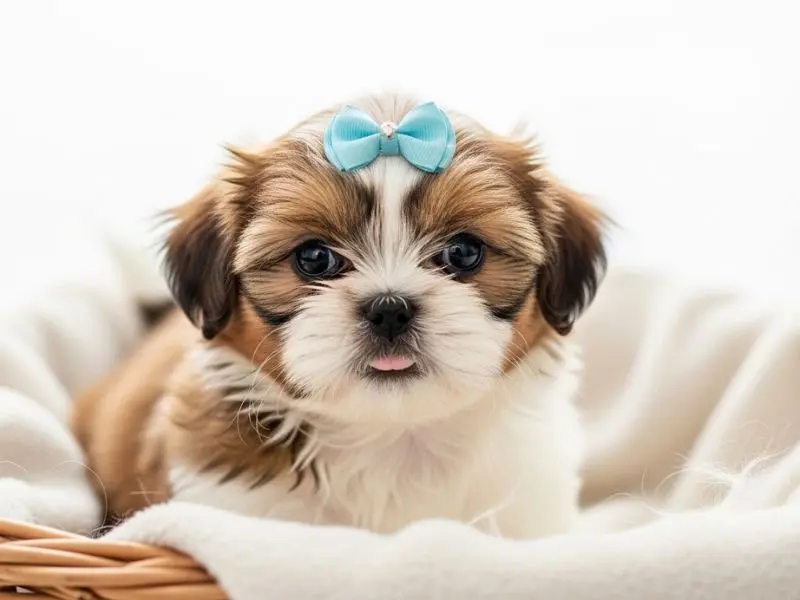 shih tzu raça filhote com laço em cestinha de vime