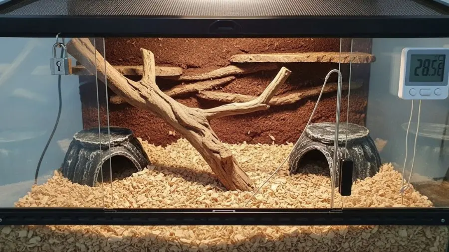 terrário completo para cobra do milho adulta visto de frente.