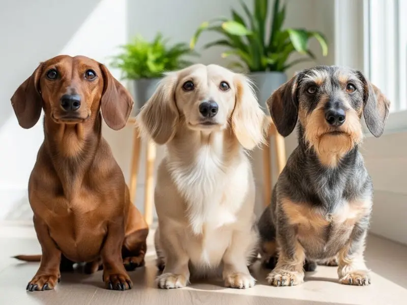 "três dachshunds salsicha lado a lado em casa brasileira mostrando as três variedades de pelagem: pelo curto castanho, pelo longo creme e pelo aramado cinza e fulvo"