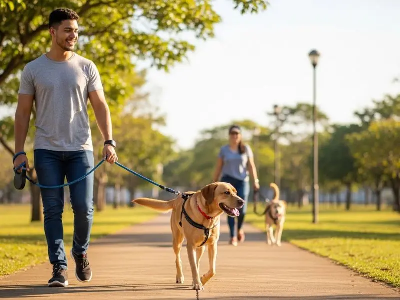 "tutor brasileiro caminhando tranquilo em parque de Goiânia com labrador mix na guia frouxa e rabo abanando passando sem reagir com outro cão visível ao fundo em distância moderada mostrando progresso no tratamento de cao reativo na coleira"