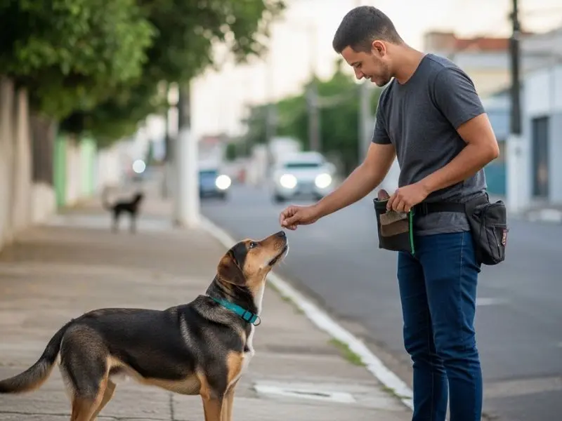 "tutor brasileiro treinando labrador mix ao ar livre em calçada de Goiânia com o cão olhando atentamente para o tutor e recebendo petisco enquanto outro cão aparece ao longe demonstrando protocolo de dessensibilização para cao reativo na coleira"