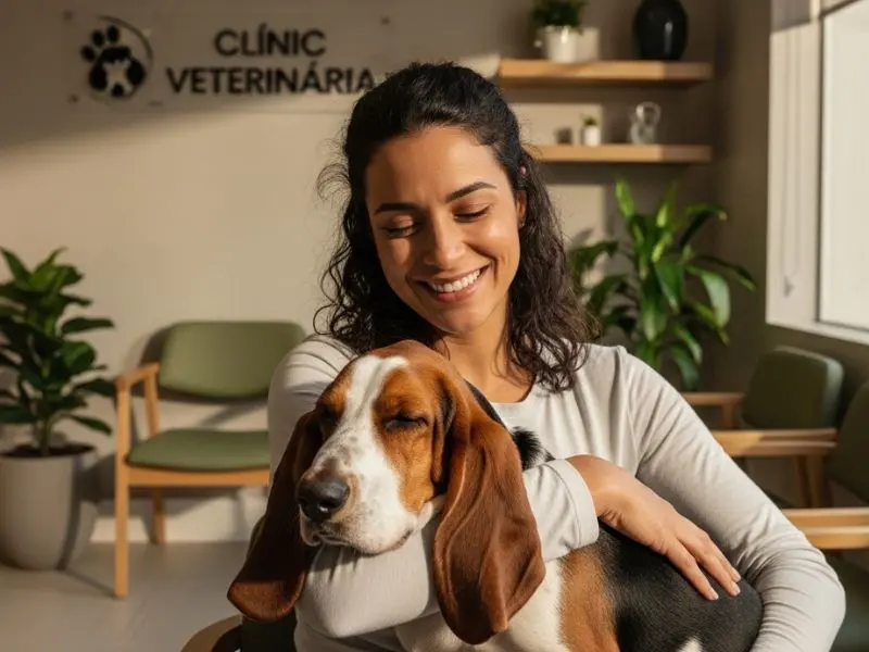 "tutora brasileira aliviada sentada na sala de espera da clínica veterinária sorrindo enquanto segura basset hound sonolento após atendimento de emergência por ingestão de alimentos toxicos para caes com ambiente clínico limpo e moderno" 