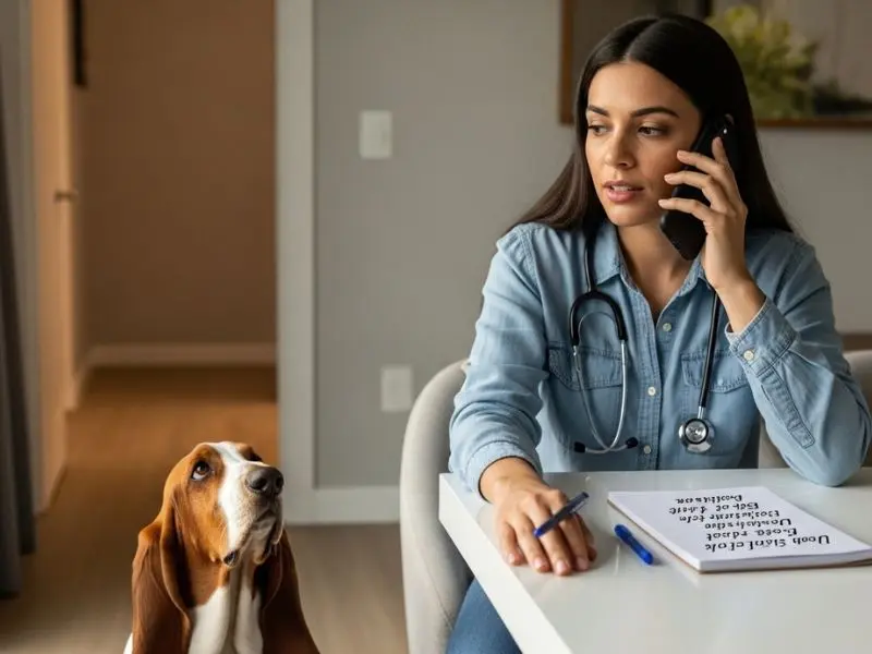 "tutora brasileira ao telefone com veterinário anotando peso do cão horário de ingestão e nome do alimento enquanto basset hound senta ao lado durante protocolo de emergência por ingestão de alimentos toxicos para caes" 