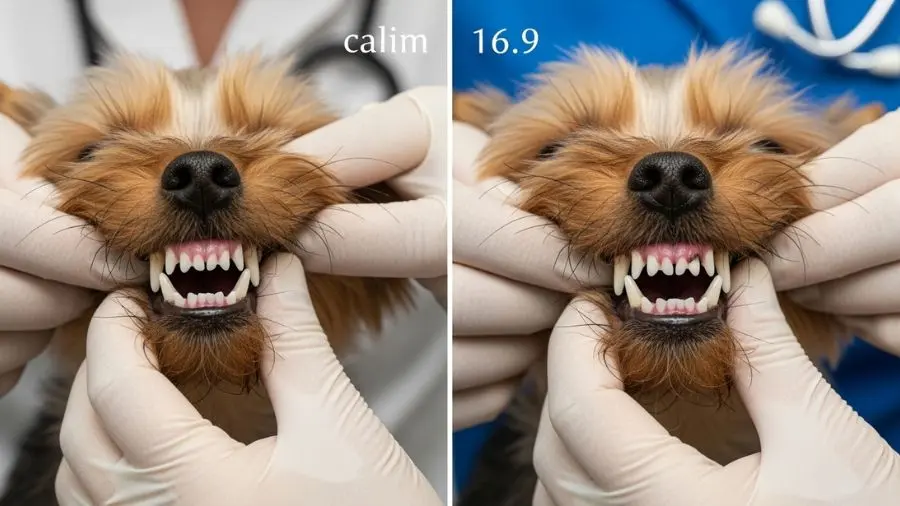"veterinário examinando dentes de yorkshire terrier com acúmulo de tártaro nos molares inferiores demonstrando predisposição da raça à doença periodontal em imagem educativa com comparação entre dentes saudáveis e com doença inicial"